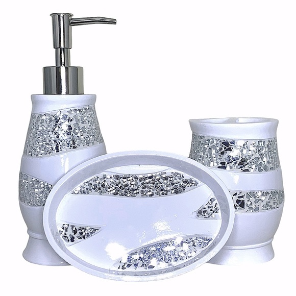 Bee Happy Market Boutique Other - White Sinatra Reflective Mirror Mosaic Glass Bathroom Accessory 3 PC Vanity Set